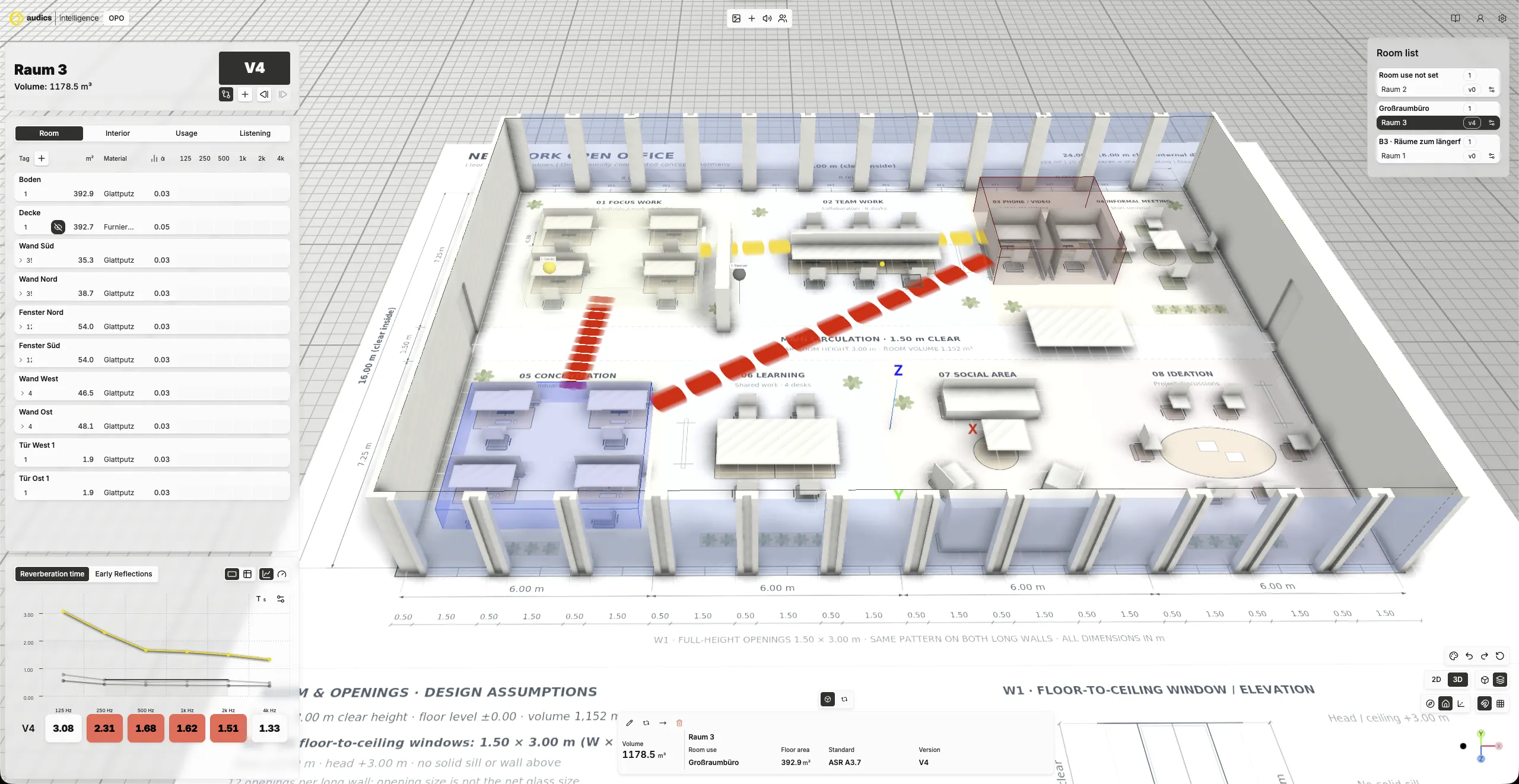 An open-plan office with activity zones and acoustic analysis in the audics 3D editor