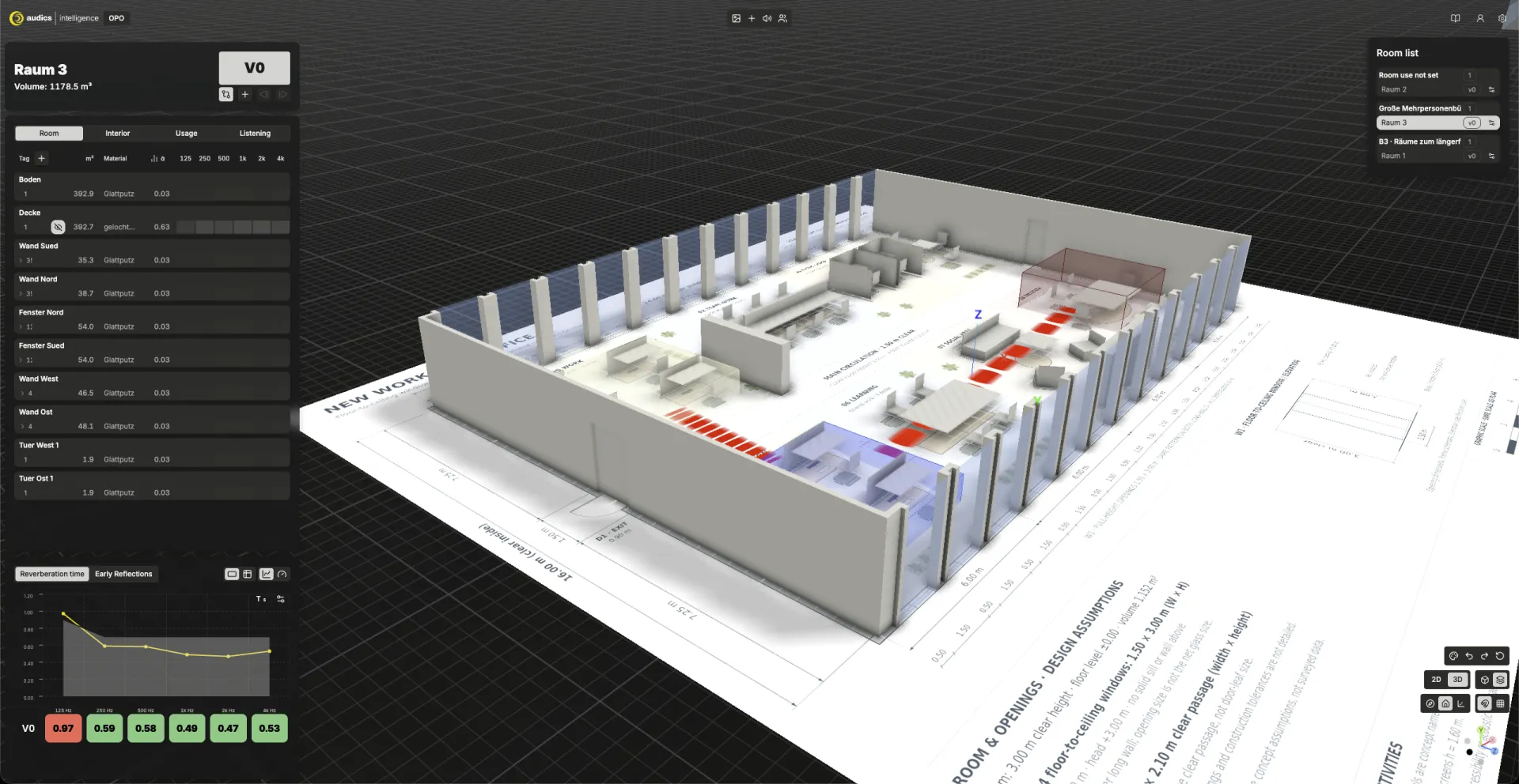 audics intelligence: Großraumbüro auf dem Grundriss in der 3D-Ansicht, mit Aktivitätszonen und Nachhallzeit