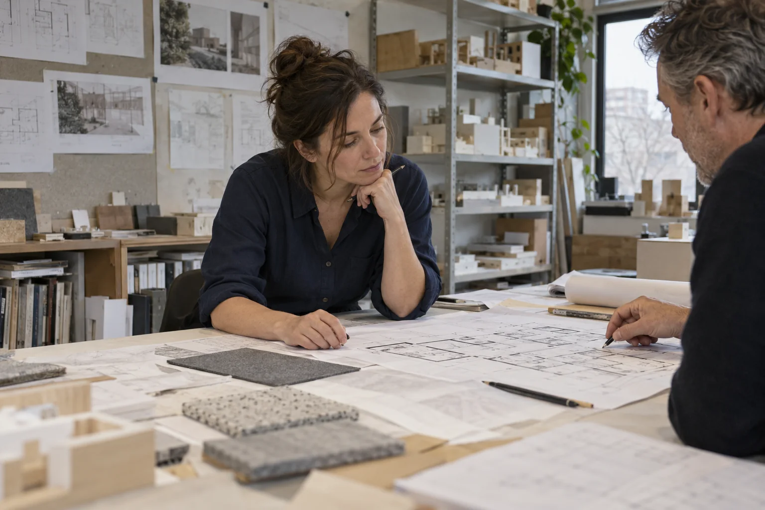 An architect and colleague discussing a floor plan in their studio