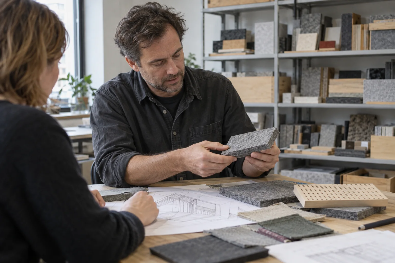 Acoustic product advice using material samples at a worktable