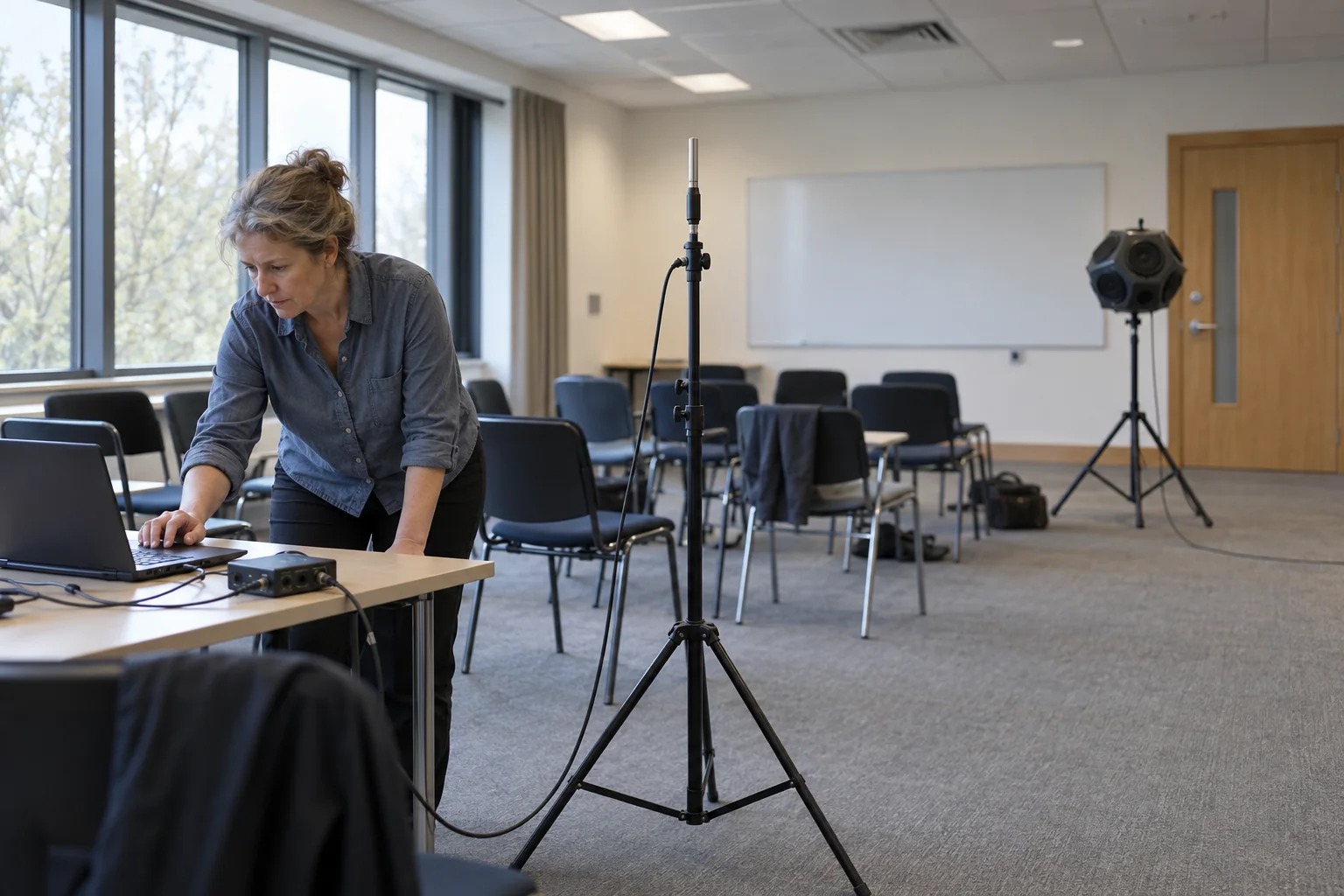 An acoustic engineer checking a room measurement with a measurement microphone in a seminar room